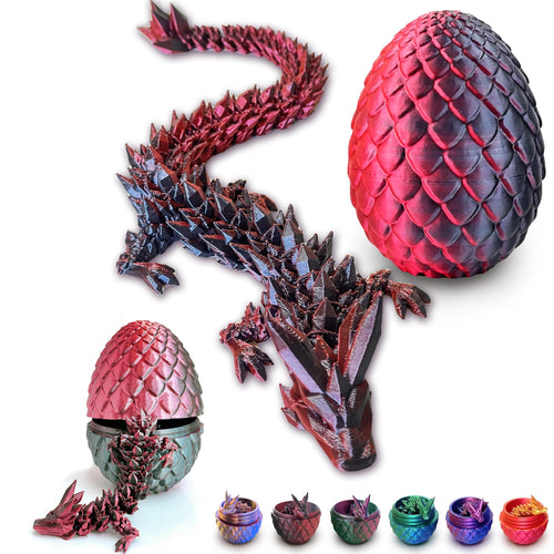 3D Printed Dragon Egg with Articulated Dragon Inside - 12 Inch Red Black Fidget Desk Toy
