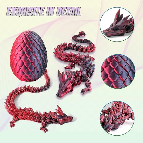 3D Printed Dragon Egg with Articulated Dragon Inside - 12 Inch Red Black Fidget Desk Toy