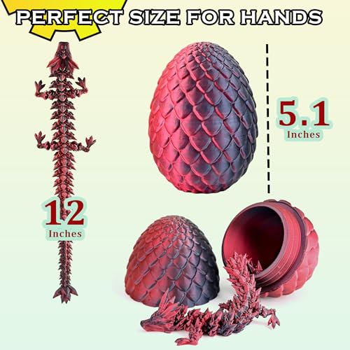 3D Printed Dragon Egg with Articulated Dragon Inside - 12 Inch Red Black Fidget Desk Toy