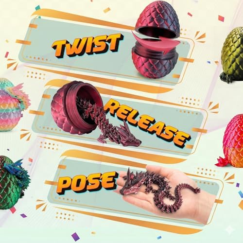 3D Printed Dragon Egg with Articulated Dragon Inside - 12 Inch Red Black Fidget Desk Toy
