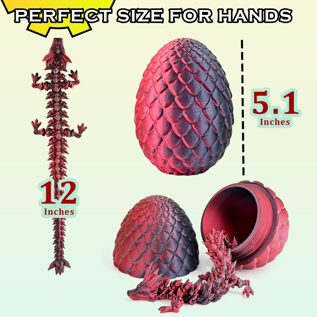 3D Printed Dragon Egg with Articulated Dragon Inside - 12 Inch Red Black Fidget Desk Toy