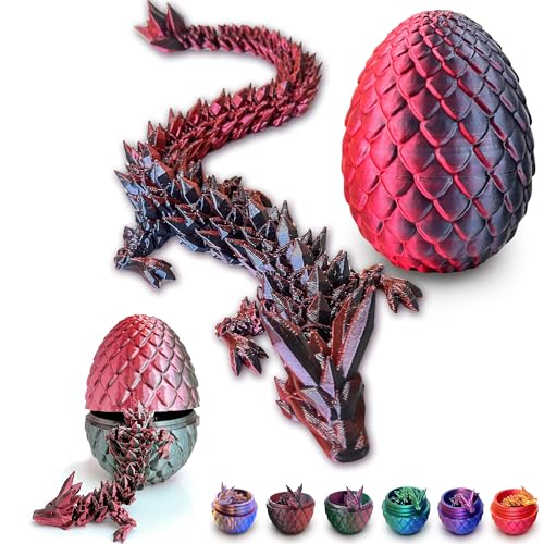 3D Printed Dragon Egg with Articulated Dragon Inside - 12 Inch Red Black Fidget Desk Toy