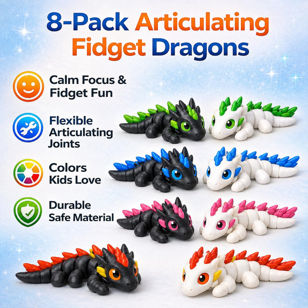 3D Printed Dragon Eggs Set – 8 Mini Articulated Baby Dragons for Kids and Adults, Fidget Toy and Desk Decor