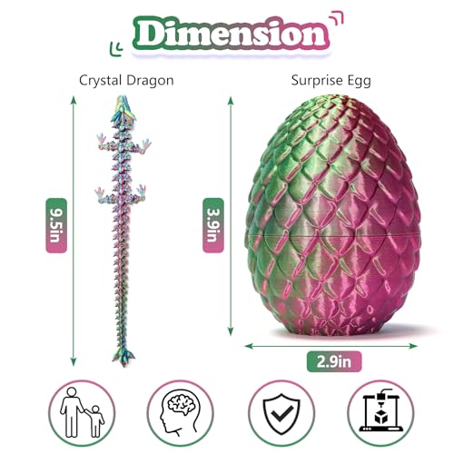 3D Printed Dragon Surprise Egg Toy - Flexible Hinged Dragon Inside Crystal Egg, Unique Gift for Kids and Collectors (Yellow & Green)