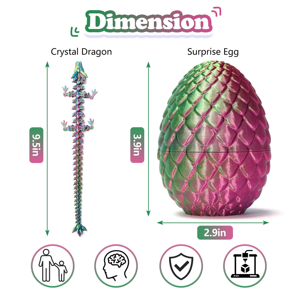 3D Printed Dragon Surprise Egg Toy - Flexible Hinged Dragon Inside Crystal Egg, Unique Gift for Kids and Collectors (Yellow & Green)