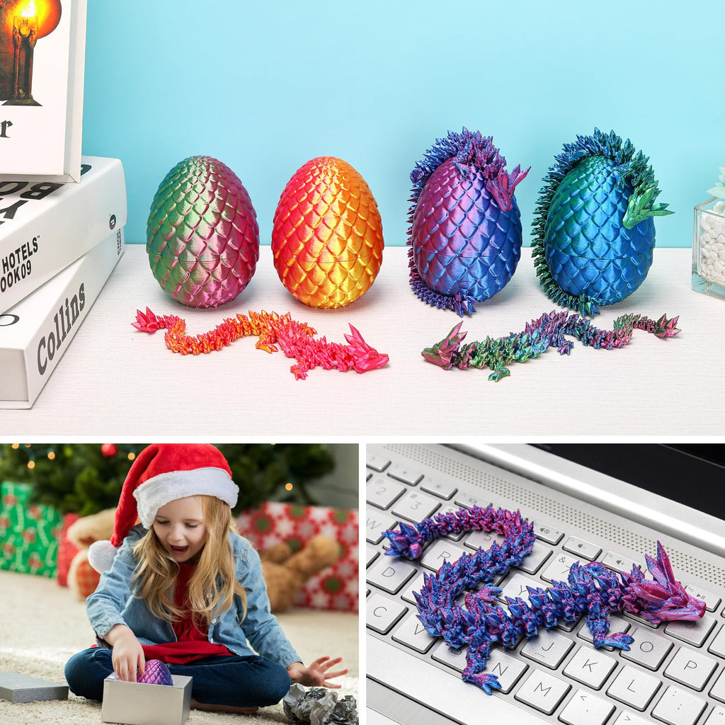 3D Printed Dragon Surprise Egg Toy - Flexible Hinged Dragon Inside Crystal Egg, Unique Gift for Kids and Collectors (Yellow & Green)