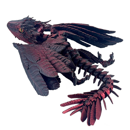 3D Printed Feathered Wyvern Dragon - Articulated Figure with Wings, Black Red