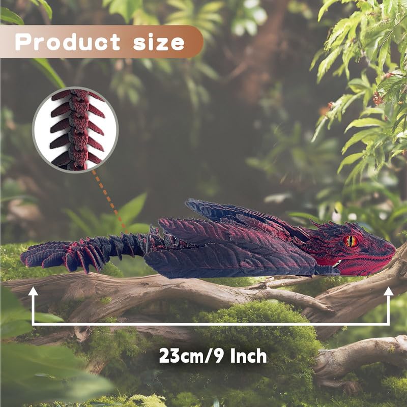 3D Printed Feathered Wyvern Dragon – Articulated Winged Dragon Figurine, Desktop Pet, Fantasy Collectible (Black Rose Red)
