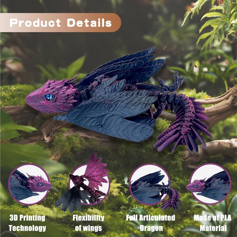 3D Printed Feathered Wyvern Dragon – Articulated Winged Dragon Figurine, Desktop Pet, Fantasy Collectible (Black Rose Red)