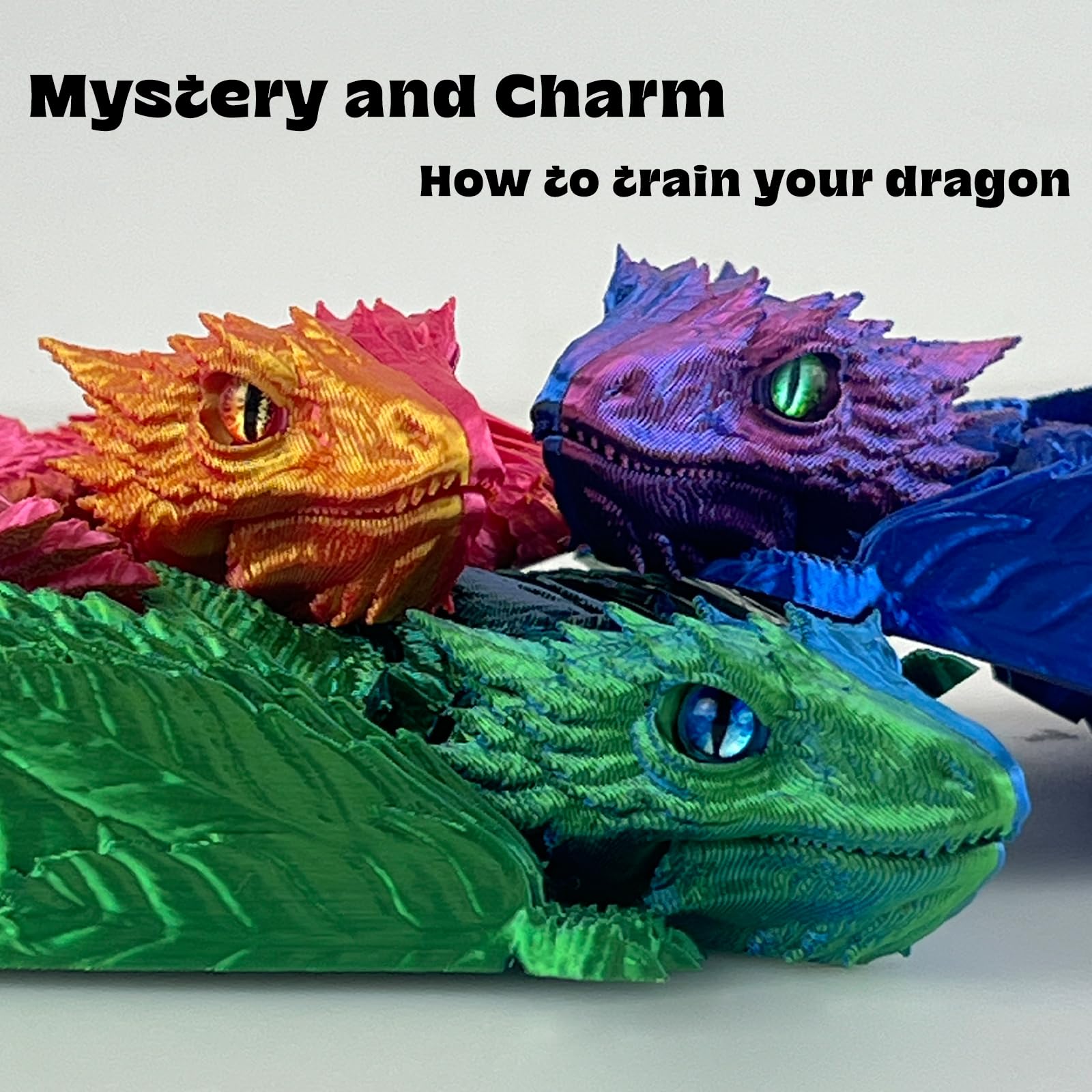 3D Printed Feathered Wyvern Dragon – Articulated Winged Dragon Figurine, Desktop Pet, Fantasy Collectible (Black Rose Red)