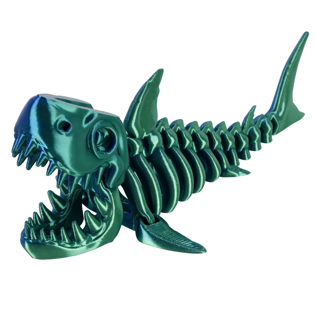 3D Printed Great White Shark Toy – Movable Skeleton Desk Decor (Laser Blue-Green, 7.4 x 2.9 in)