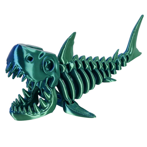 3D Printed Great White Shark Toy – Movable Skeleton Desk Decor (Laser Blue-Green, 7.4 x 2.9 in)