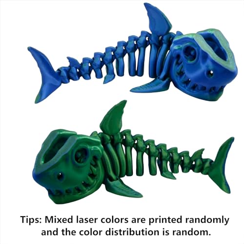 3D Printed Great White Shark Toy – Movable Skeleton Desk Decor (Laser Blue-Green, 7.4 x 2.9 in)