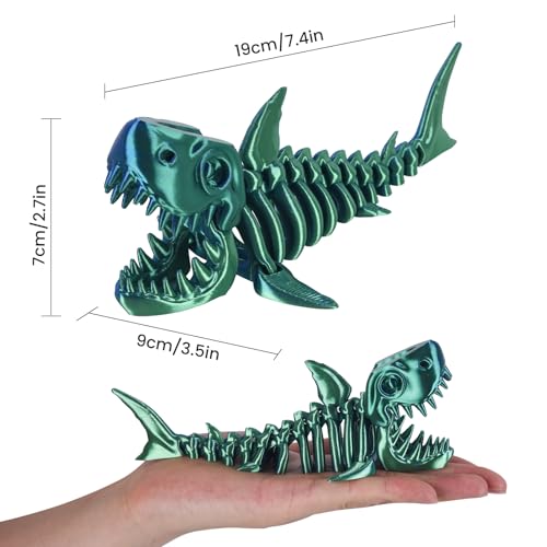 3D Printed Great White Shark Toy – Movable Skeleton Desk Decor (Laser Blue-Green, 7.4 x 2.9 in)