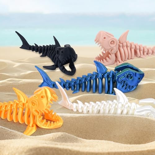 3D Printed Great White Shark Toy – Movable Skeleton Desk Decor (Laser Blue-Green, 7.4 x 2.9 in)