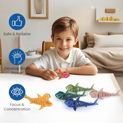 3D Printed Great White Shark Toy – Movable Skeleton Desk Decor (Laser Blue-Green, 7.4 x 2.9 in)