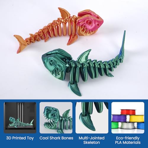 3D Printed Great White Shark Toy – Movable Skeleton Desk Decor (Laser Blue-Green, 7.4 x 2.9 in)