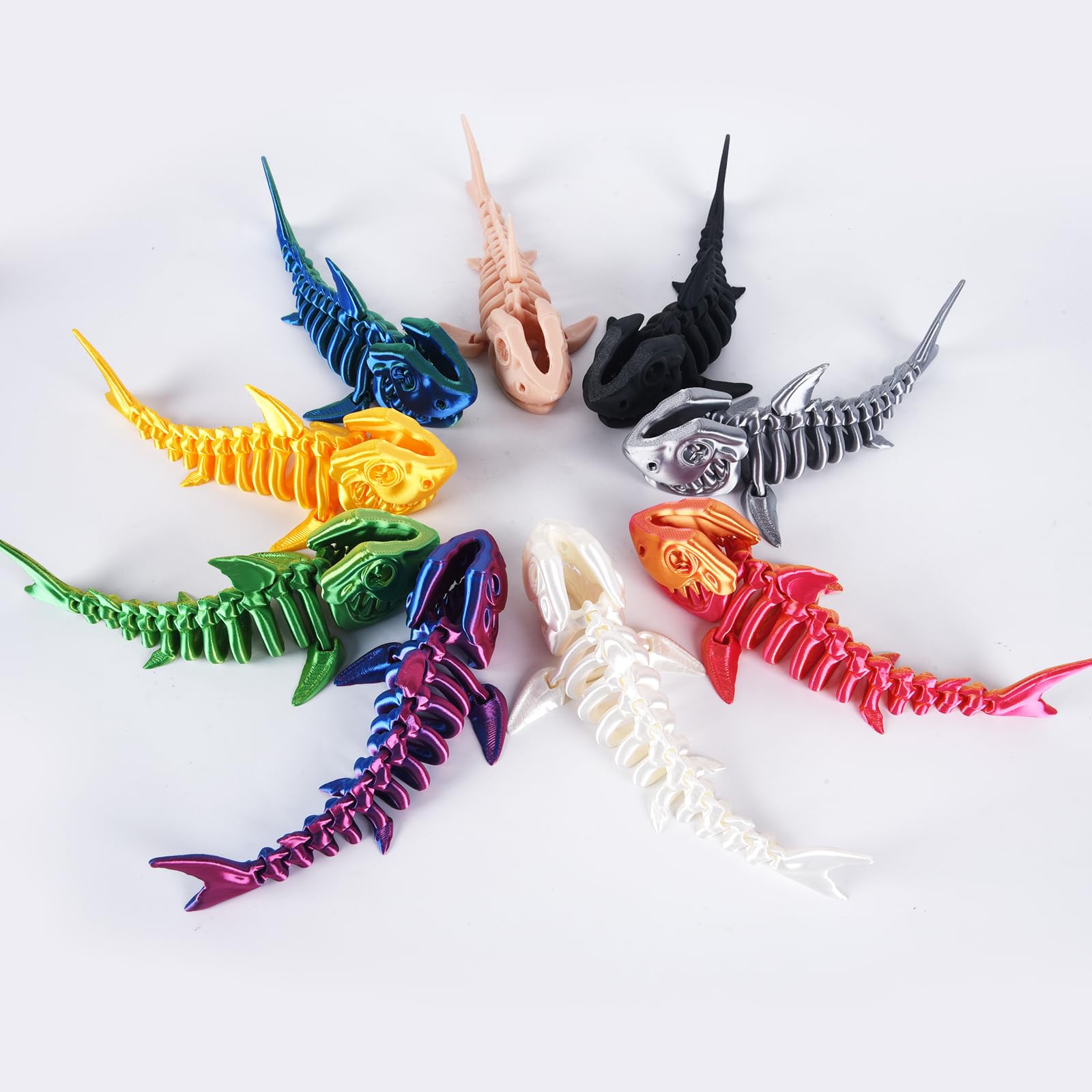 3D Printed Great White Shark Toy – Movable Skeleton Desk Decor (Laser Blue-Green, 7.4 x 2.9 in)