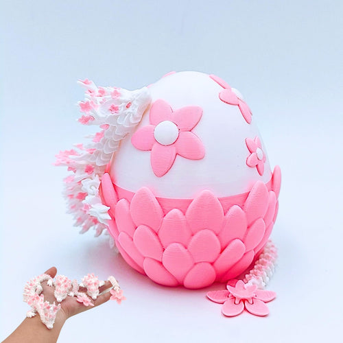 3D Printed Sakura Dragon Egg & Dragon Set – 4.33" Egg + 12" Articulated Dragon Toy by Cinderwing3D (Pink-White)