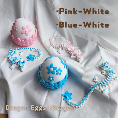 3D Printed Sakura Dragon Egg & Dragon Set – 4.33" Egg + 12" Articulated Dragon Toy by Cinderwing3D (Pink-White)