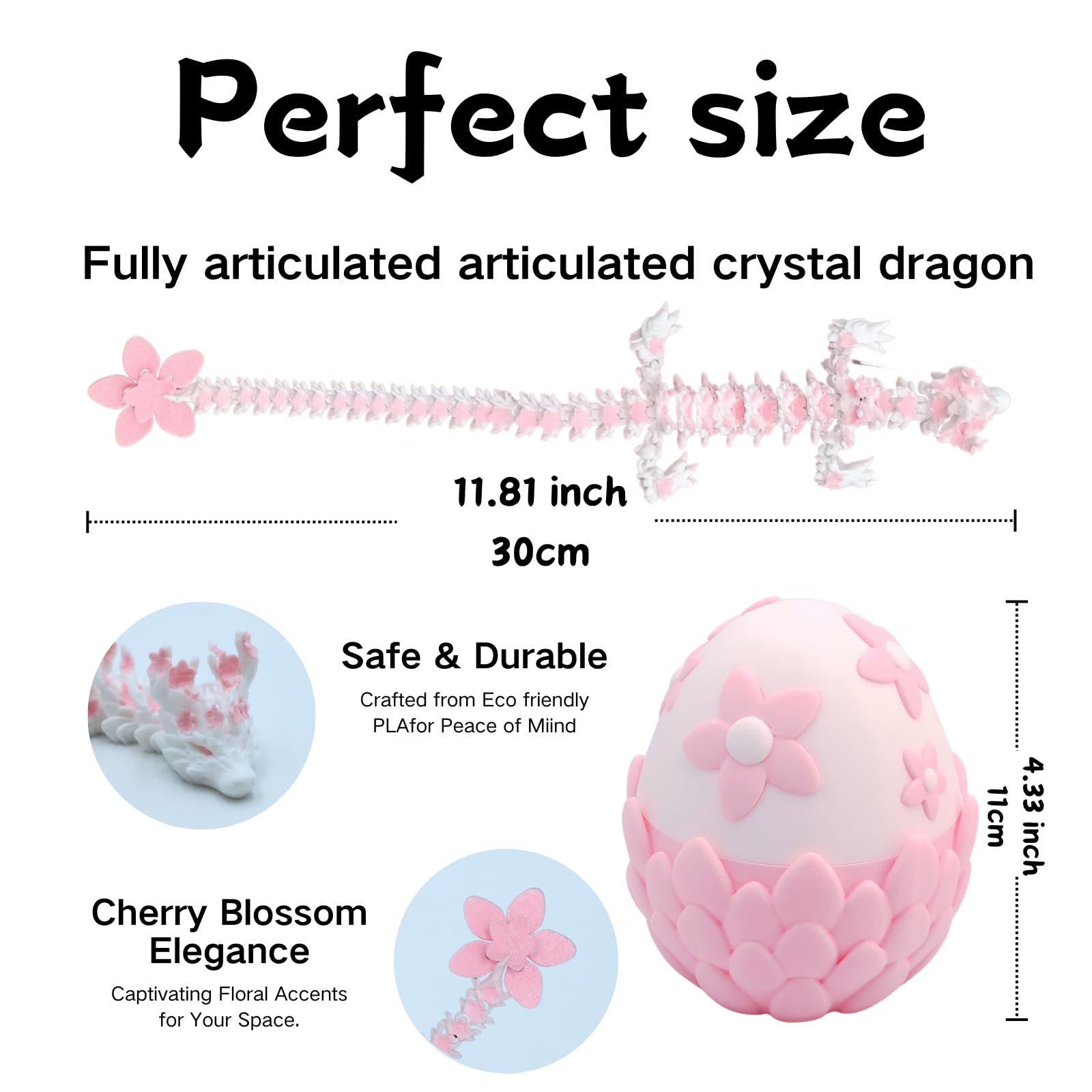 3D Printed Sakura Dragon Egg & Dragon Set – 4.33" Egg + 12" Articulated Dragon Toy by Cinderwing3D (Pink-White)