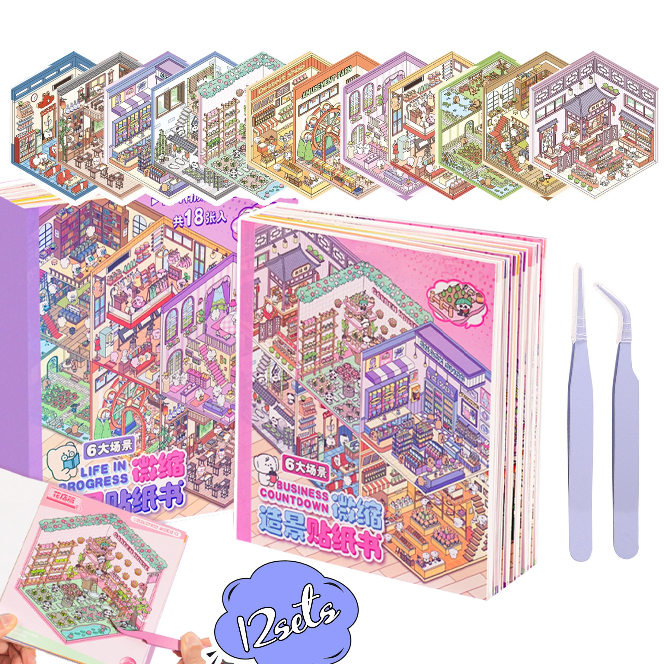 3D Sticker Scene Book for Adults - 12 Sets DIY Miniature Room Stickers with Tweezers - Stress Relief Craft Activity