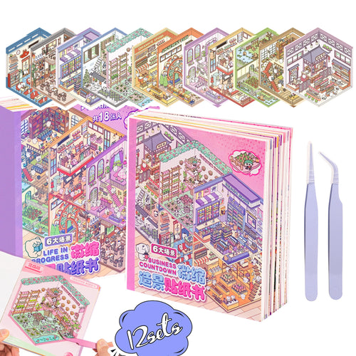 3D Sticker Scene Book for Adults - 12 Sets DIY Miniature Room Stickers with Tweezers - Stress Relief Craft Activity