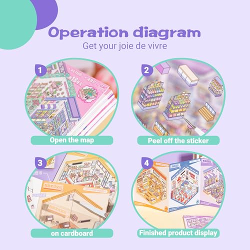 3D Sticker Scene Book for Adults - 12 Sets DIY Miniature Room Stickers with Tweezers - Stress Relief Craft Activity