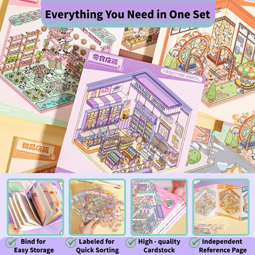 3D Sticker Scene Book for Adults - 12 Sets DIY Miniature Room Stickers with Tweezers - Stress Relief Craft Activity