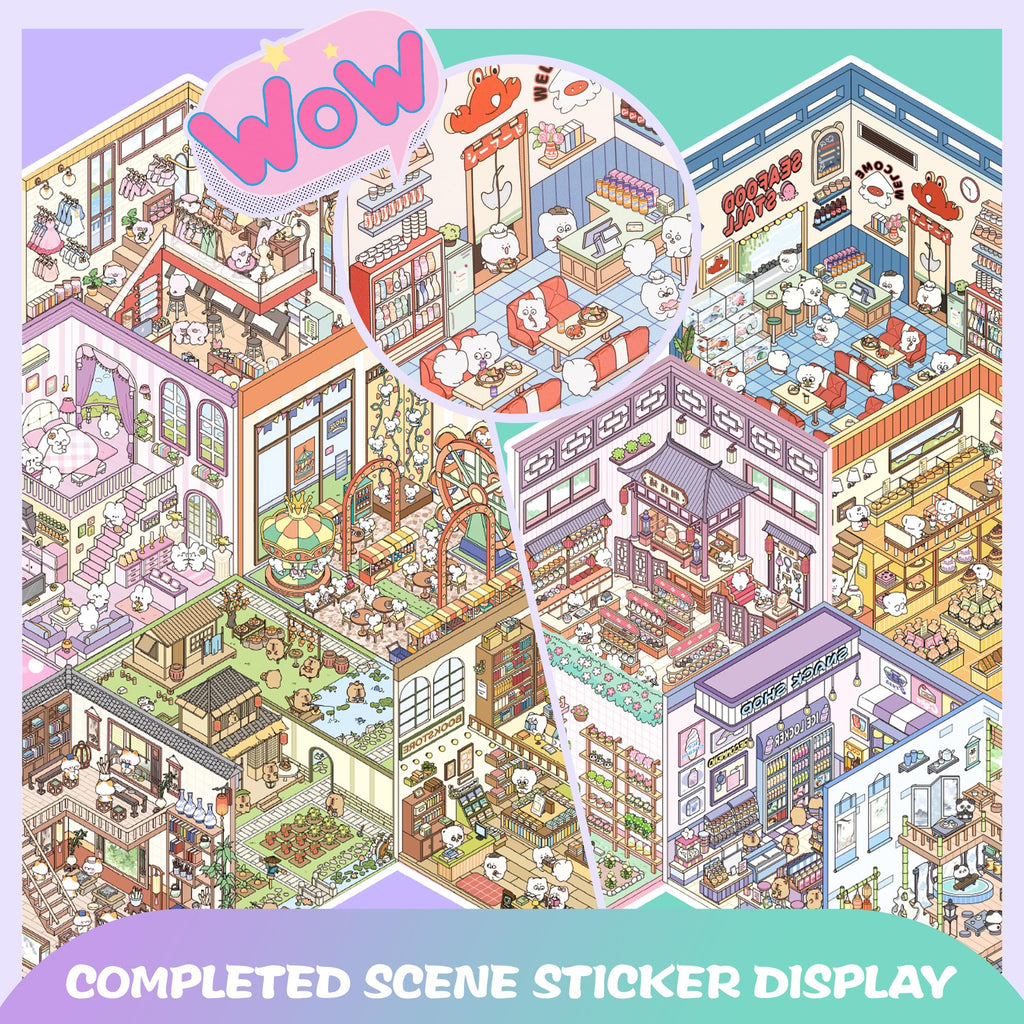 3D Sticker Scene Book for Adults - 12 Sets DIY Miniature Room Stickers with Tweezers - Stress Relief Craft Activity