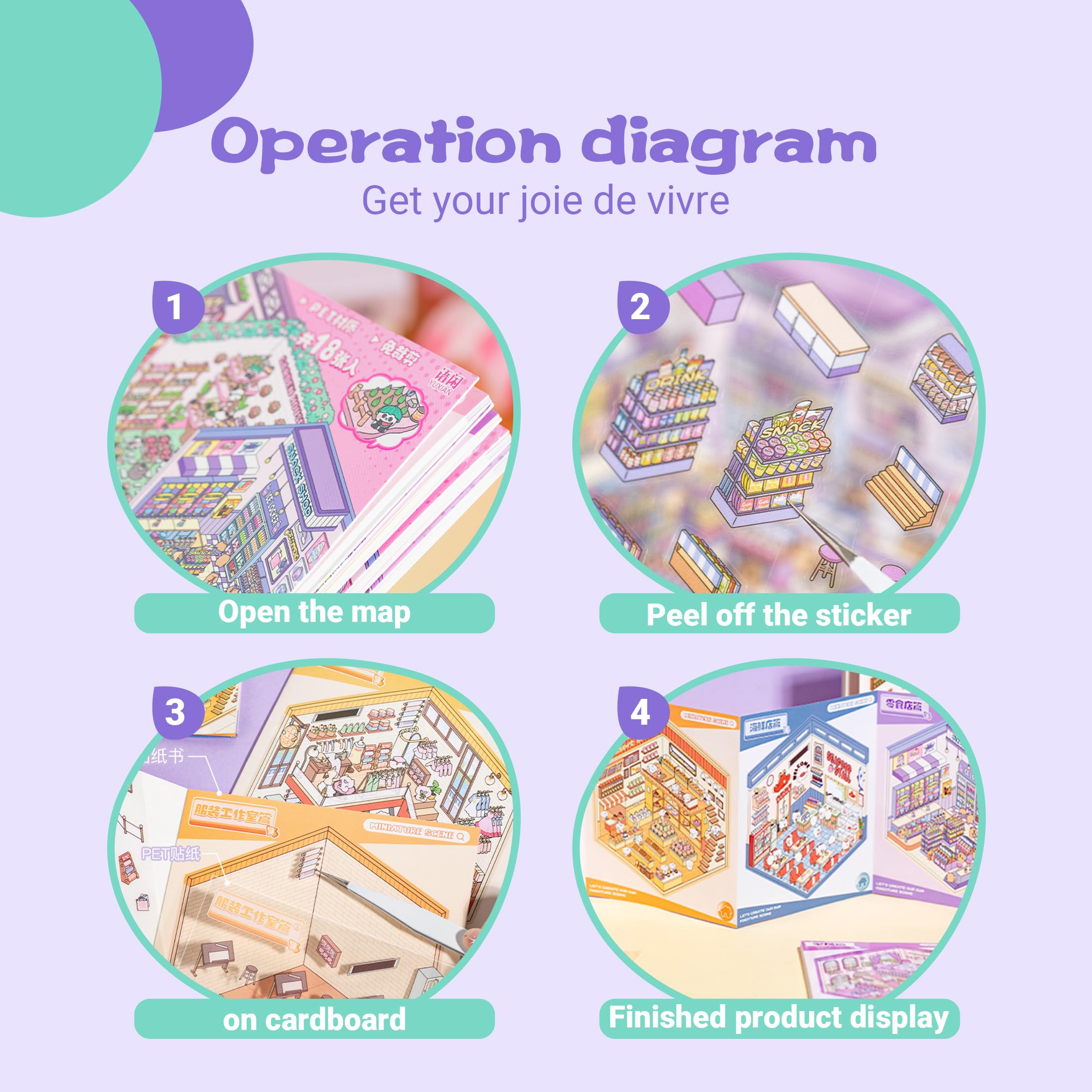 3D Sticker Scene Book for Adults - 12 Sets DIY Miniature Room Stickers with Tweezers - Stress Relief Craft Activity