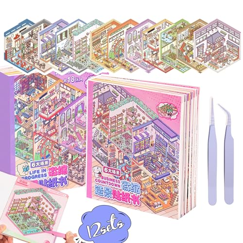 3D Sticker Scene Book for Adults - 12 Sets DIY Miniature Room Stickers with Tweezers - Stress Relief Craft Activity