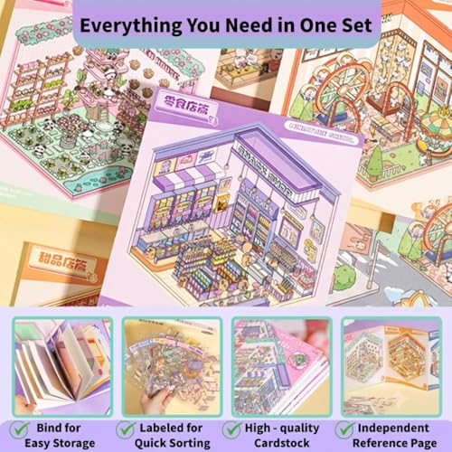 3D Sticker Scene Book for Adults - 12 Sets DIY Miniature Room Stickers with Tweezers - Stress Relief Craft Activity