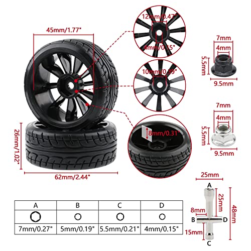 4-Pack 1/10 RC Drift Wheels 12mm Hex with Flange Nuts and 4-Way Wrench for HSP Redcat HPI Tamiya