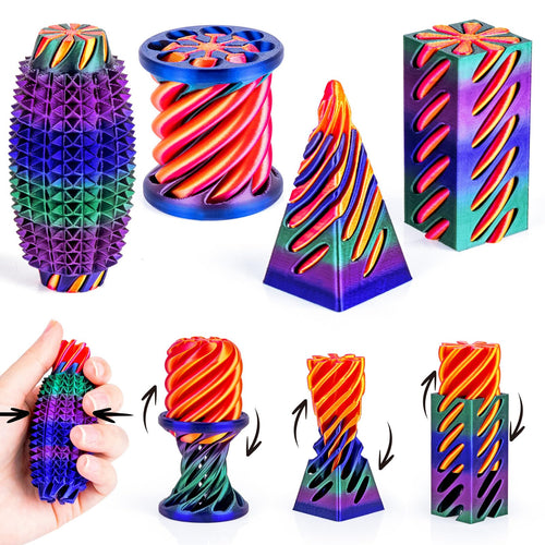 4-Pack 3D Printed Fidget Toys: Impossible Cone, Spiral Pyramid, Little Ouchie – Stress Relief Desk Toys for Kids Adults (Rose Red Blue Green Gradient + Gold Red)