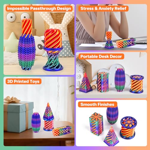4-Pack 3D Printed Fidget Toys: Impossible Cone, Spiral Pyramid, Little Ouchie – Stress Relief Desk Toys for Kids Adults (Rose Red Blue Green Gradient + Gold Red)