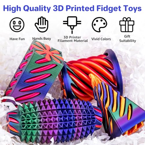 4-Pack 3D Printed Fidget Toys: Impossible Cone, Spiral Pyramid, Little Ouchie – Stress Relief Desk Toys for Kids Adults (Rose Red Blue Green Gradient + Gold Red)