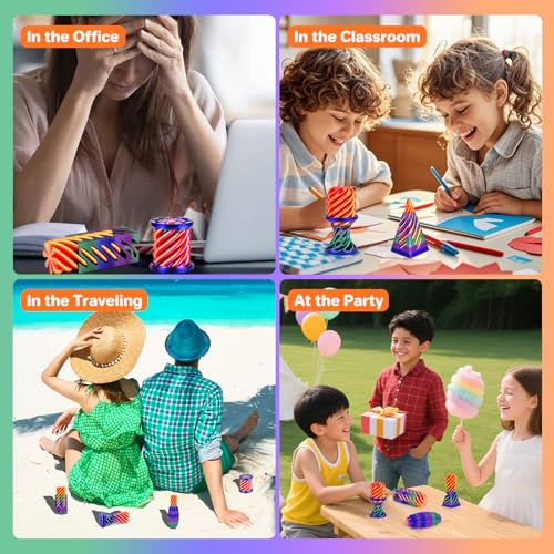 4-Pack 3D Printed Fidget Toys: Impossible Cone, Spiral Pyramid, Little Ouchie – Stress Relief Desk Toys for Kids Adults (Rose Red Blue Green Gradient + Gold Red)