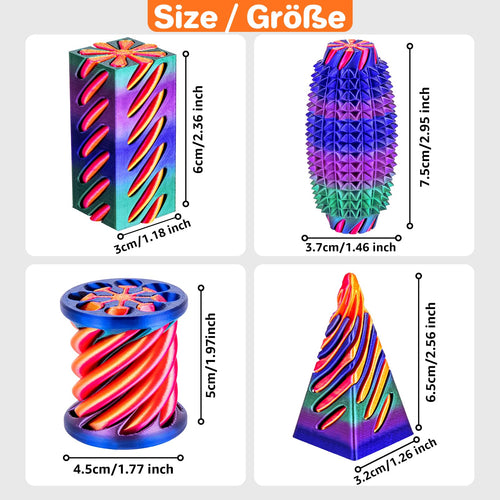 4-Pack 3D Printed Fidget Toys: Impossible Cone, Spiral Pyramid, Little Ouchie – Stress Relief Desk Toys for Kids Adults (Rose Red Blue Green Gradient + Gold Red)