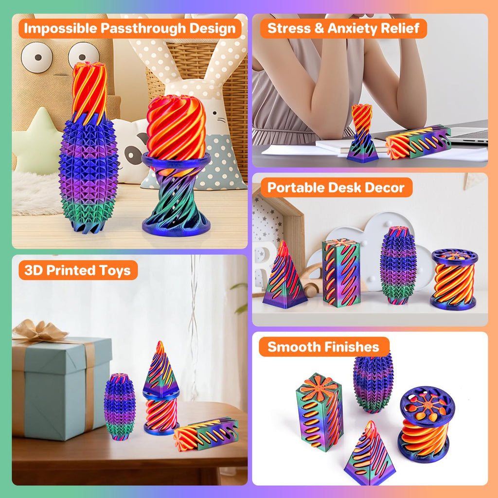 4-Pack 3D Printed Fidget Toys: Impossible Cone, Spiral Pyramid, Little Ouchie – Stress Relief Desk Toys for Kids Adults (Rose Red Blue Green Gradient + Gold Red)