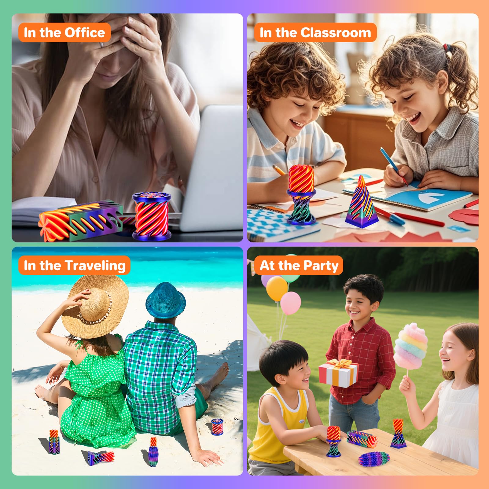 4-Pack 3D Printed Fidget Toys: Impossible Cone, Spiral Pyramid, Little Ouchie – Stress Relief Desk Toys for Kids Adults (Rose Red Blue Green Gradient + Gold Red)