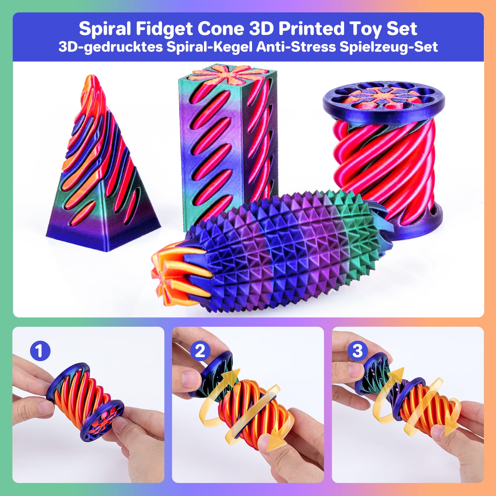 4-Pack 3D Printed Fidget Toys: Impossible Cone, Spiral Pyramid, Little Ouchie – Stress Relief Desk Toys for Kids Adults (Rose Red Blue Green Gradient + Gold Red)