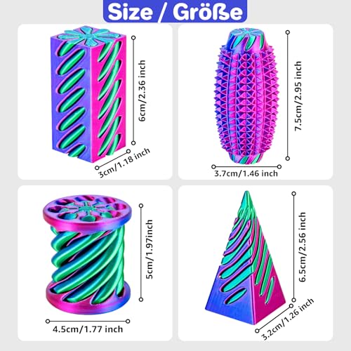 4-Pack 3D Printed Fidget Toys Set by dikale – Impossible Cone, Spiral Pyramid, Little Ouchies in Rose Red, Blue, Green
