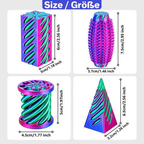 4-Pack 3D Printed Fidget Toys Set by dikale – Impossible Cone, Spiral Pyramid, Little Ouchies in Rose Red, Blue, Green