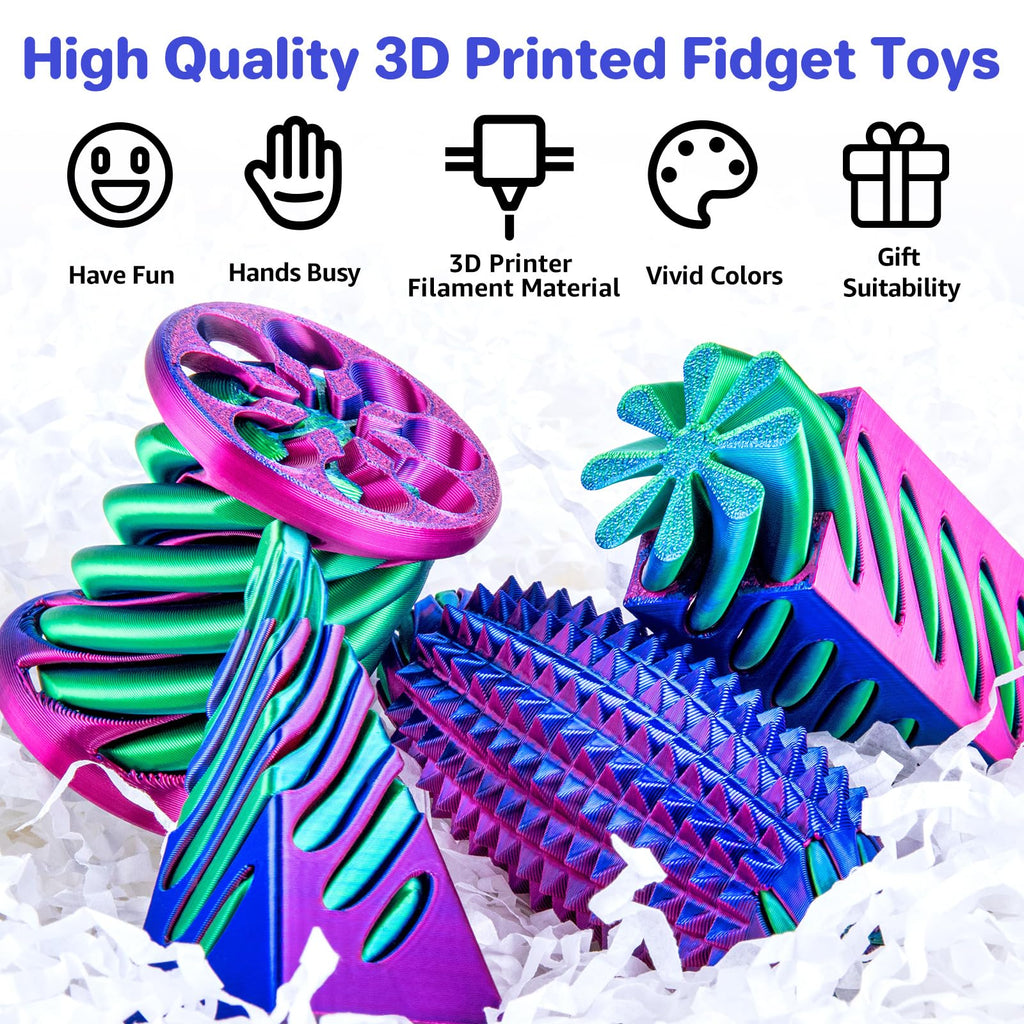 4-Pack 3D Printed Fidget Toys Set by dikale – Impossible Cone, Spiral Pyramid, Little Ouchies in Rose Red, Blue, Green