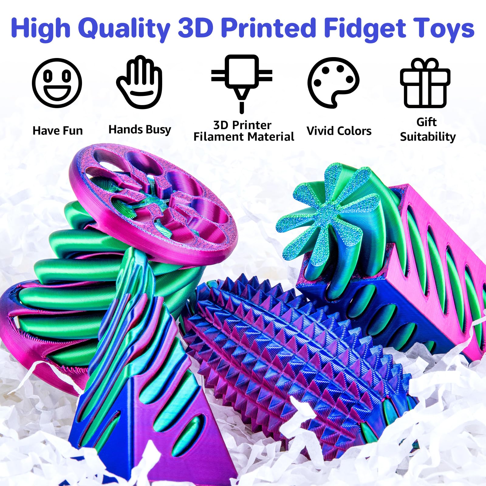 4-Pack 3D Printed Fidget Toys Set by dikale – Impossible Cone, Spiral Pyramid, Little Ouchies in Rose Red, Blue, Green