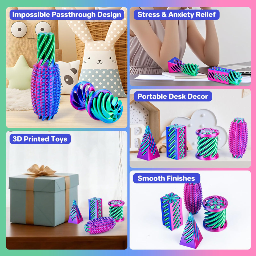 4-Pack 3D Printed Fidget Toys Set by dikale – Impossible Cone, Spiral Pyramid, Little Ouchies in Rose Red, Blue, Green
