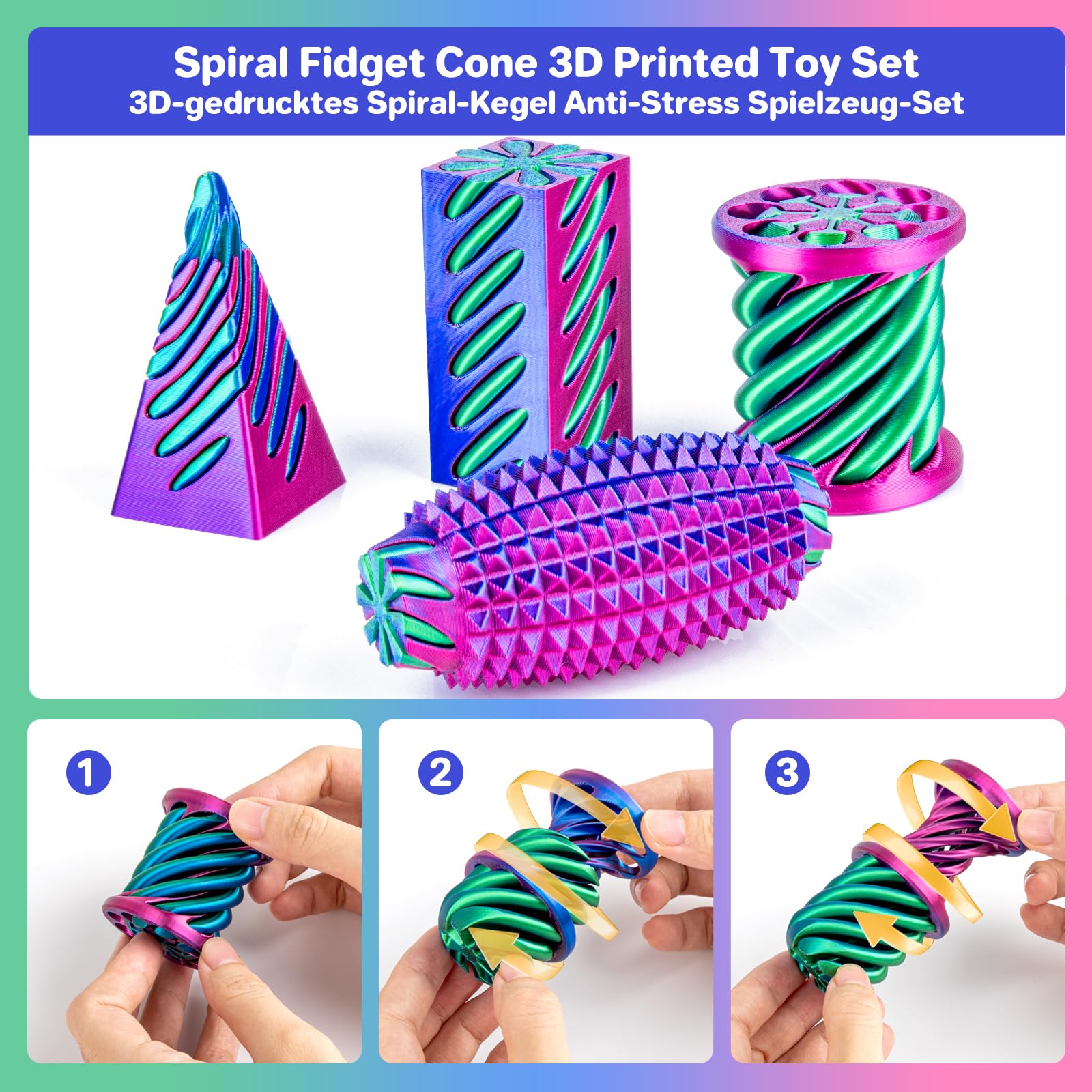 4-Pack 3D Printed Fidget Toys Set by dikale – Impossible Cone, Spiral Pyramid, Little Ouchies in Rose Red, Blue, Green