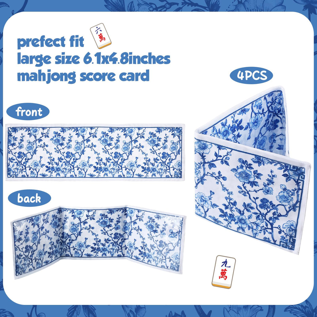4 Pack Chinoiserie Mahjong Card Holder – Blue & White Fabric PVC Sleeves for American Cards