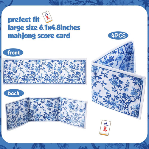 4 Pack Chinoiserie Mahjong Card Holder – Blue & White Fabric PVC Sleeves for American Cards